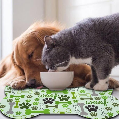 Dog Food Mats for Floors Waterproof, Pet Feeding Absorbent Water Bowl Mat Cat Placemats Green Bone Shape 23.6 * 15.7 inch