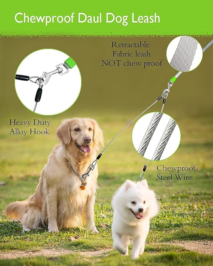 26FT Long Chew Proof Retractable Dog Leash with 2 Heavy Duty Anti-Chewing Wire Ropes, 360° Tangle-Free Dog Lead with Anti-Slip Handle for Small/Medium/Large Dogs Green