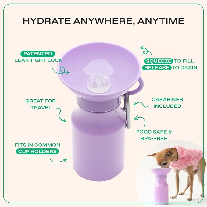 Springer Dog Water Bottle | Portable Travel Water Bottle Dispenser for Dogs - As Seen on Shark Tank | Patented, Leak-Proof Bottles Fill Bowl with Water - Ideal for Walking | BPA-Free 15oz Lilac