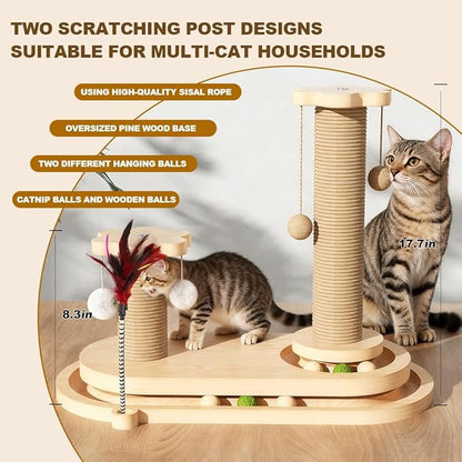 Cat Scratching Post, Sisal Cat Scratcher Post - 4-in-1 Cat Solid Wood Activity Center | Indoor Interactive Cat Toy with Trackball (Rolling), Feather Teaser, Hanging Balls & Natural Catnip Ball