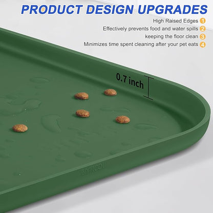 Silicone Pet Feeding Mat with Raised Edge for Food and Water, Dog Bowl Mats, Cat Bowls Placemat with High Lip for Floor Waterproof, Rubber Tray for Cats and Dogs 19 x 12 x0.7 Dark Olive