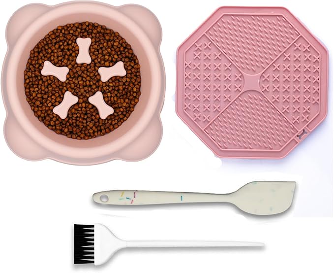 Excellent Slow Feeder Dog Bowl, Prevent Bloat or Choking, Fun Alternative Dog Slow Feeding Bowl for Small Medium Size Dogs,Dog Food Slow Feeder Bowl/Licking mat Set (Pink Set)