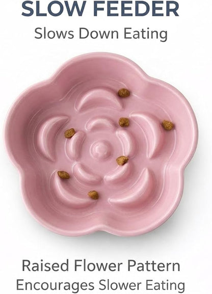 Ceramic Elevated Slow Feeder Cat Bowl, Raised and Gently Tilted Feeding Dish with Maze Design, Whisker-Friendly, Easy to Clean, for Indoor Cats and Small Dogs (Blue/Pink)