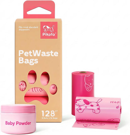 Dog Poop Bags Rolls, 128 Count (8 Refills) - 60% Recycled Plastic Baby Powder Scented - Leak Proof, Extra Thick Waste Bag with Easy-Peel Sticker (Pink)