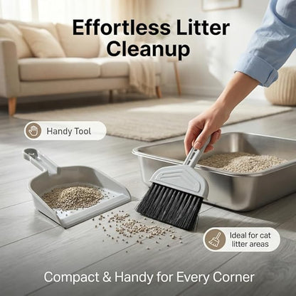 4-in-1 Cat Litter Scoop with Holder, Cat Litter Box Organizer Cleanup Kit - Sweeper & Dustpan, Aluminum Kitty Litter Scooper and Storage Caddy (Black)