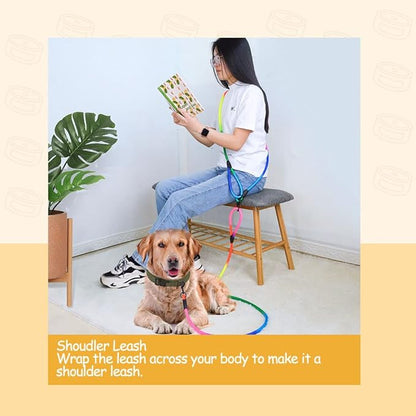 Hands Free Dog Leash Waist & Crossbody Rope with Slip Lead Durable for 2 Dogs Nylon Reflective Heavy Duty Hiking Running Leash for Medium Large Dogs(Rainbow, 9.8Ft)