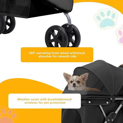 Pet Stroller for Small/Medium Dogs and Cats, Foldable 3 Wheel Jogger with One-Click Fold, Breathable Mesh, Storage Basket, Cup Holder, Weather Cover, Black (Black)