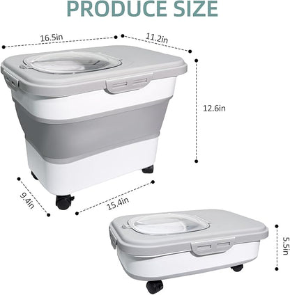 Collapsible Cat Litter Storage Container with Rolling Casters,20 Lbs Cat Litter Storage with Wheels,Airtight Lids,Cat Litter Shovel,Portable Cat Litter Storage Bin Container,BPA Free (Gray)