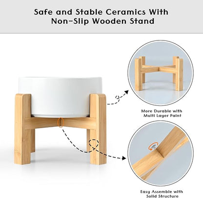 SPUNKYJUNKY Ceramic Elevated Dog Bowls 2 Pack - 5.1inch Raised Dog Bowls with Non-Slip Wooden Stand for Small Dogs Dishwasher Safe(White,13.5OZ*2)