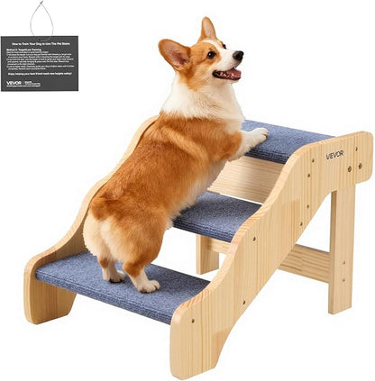 VEVOR Wood Pet Stairs, 3-Step Dog Stairs for High Beds, Sofa & Cars, 150lbs Load Capacity, Non-Slip Surface, Stable Cat & Dog Step Ladder for Small Medium Large Older Pet Puppy Essentials
