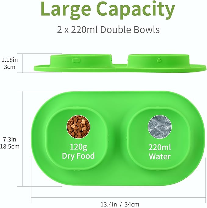 Small Size Puppy Dog Bowls: Food and Water Bowls Set for Small Dogs, No-Spill Non-Skid Dog Dish, Green