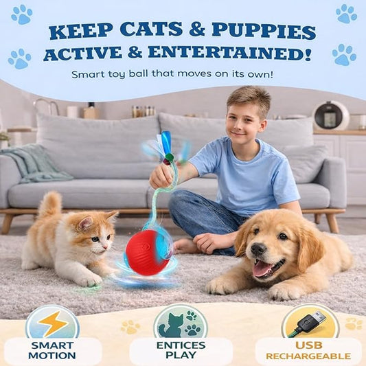 GlowPounce Interactive Rolling Ball Toy for Indoor Cats & Small Dogs – Motion-Activated Smart Moving Ball with LED Lights – Rechargeable Automatic Play Toy for Cats, Kittens & Puppies, Red