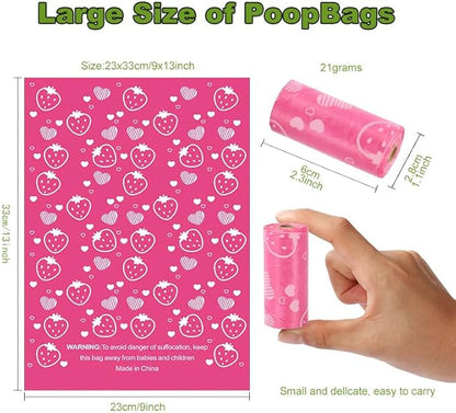 Dog Poop Bags Rolls, Strawberry Scent Biodegradable Pink, Large 9x13 Inch With Dispenser, Leakproof & Easy Tear 240 Count 16 Rolls for Outdoor Dog Walking