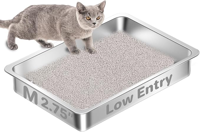 Low Entry Stainless Steel Cat Litter Box for Senior Cats, Metal Shallow Kitten Litter Box, Easy Access Kitty Litter Pan Tray, Easy Cleaning-15.75''Lx 11.81'' W x2.76'' H