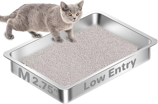 Low Entry Stainless Steel Cat Litter Box for Senior Cats, Metal Shallow Kitten Litter Box, Easy Access Kitty Litter Pan Tray, Easy Cleaning-15.75''Lx 11.81'' W x2.76'' H