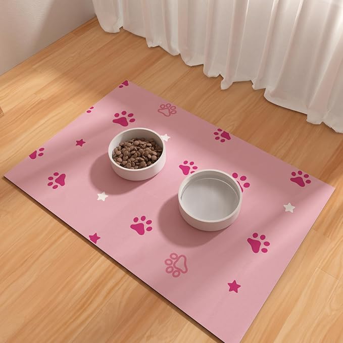 Pet Feeding Mat 12"x20"- Absorbent Dog Mat, Small Pet Food Mat, Rubber Pet Food Mat, Pet Food Mats for Floor Waterproof, Dog Water Matt for Sloppy Drinker, Cat Food Bowl Mat, Pink