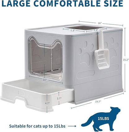 Cat Litter Box with Litter Mat and Scoop, Large Covered Litter Box with Lid, Front Entry Top Exit Kitty Box, Odor Control, Easy to Clean (Grey)