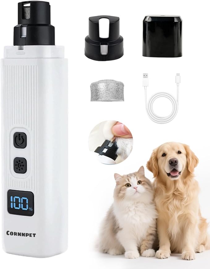 Electric Dog Nail Grinder with 2 Level LED Lights, 2 Speed Super Quiet and Low Vibration Rechargeable Pet Nail Grinder for Small Dogs and Cats - White