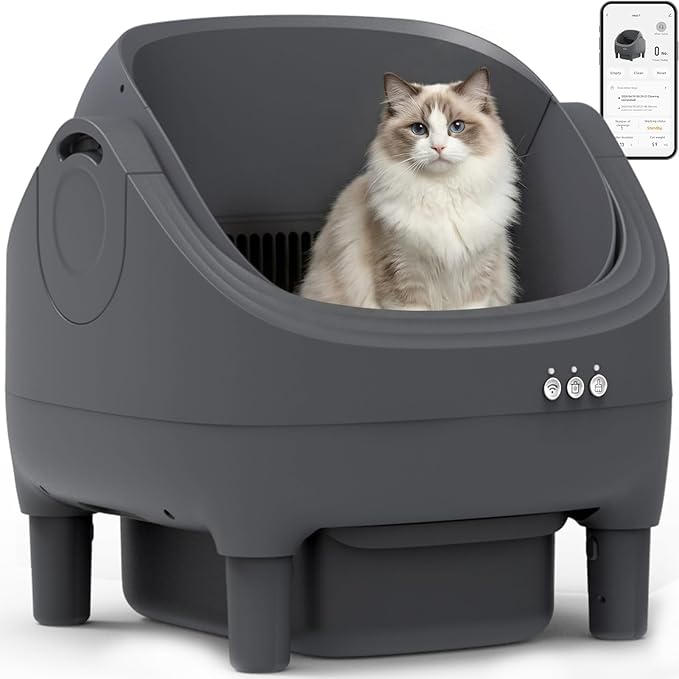Self Cleaning Litter Box - Open Top Automatic Cat Litter Box with App Control, Odor Control & Anti-Tracking, Large Capacity for Multiple Cats, Quiet Operation, Safety Anti-Pinch Includes Trash Bags