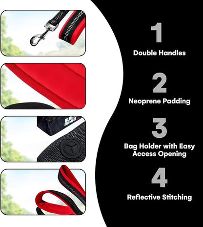 Black Rhino 6 ft Long Heavy Duty Dog Leash with Traffic Handle for Medium and Large Dogs - with Padded Neoprene Dual Handles, Bag and Clip - Reflective, Durable, and Weather Resistant - Red