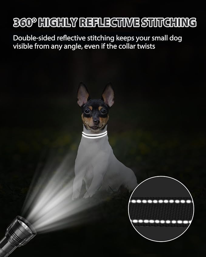 Joytale Puppy Collar, Feather-Light Double-Sided Reflective Nylon Collar for Night Safety, Adjustable Quick-Release for Extra Small Dogs, Black, XS (3/8" Width)