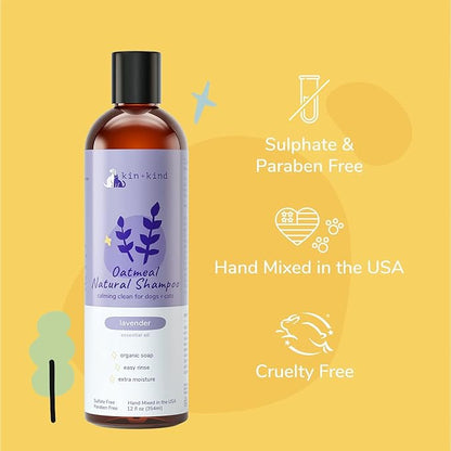 kin+kind Oatmeal Natural Dog and Cat Shampoo - Gentle Oatmeal Clean for Sensitive Skin - Lavender Fragrance - 12 fl oz