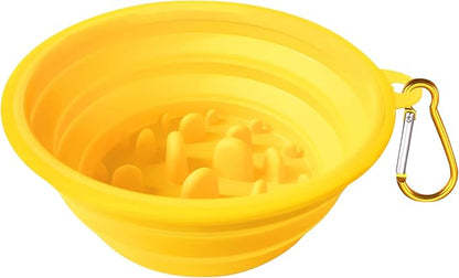 Small Collapsible Dog Bowls (12oz), 1 Pack Pet Travel Foldable Bowl and Slow Feeding Frisbee with Carabiners, Healthy, Soft Silicone, Portable Essential Set for Walking, Travel, and Hiking (Yellow)