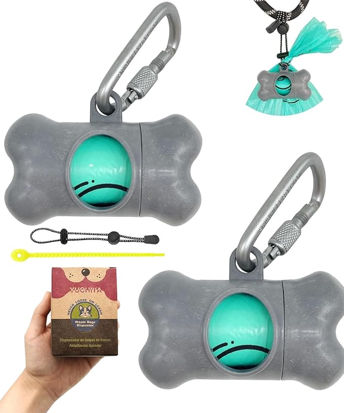 Dog Poop Pickup Bags Holder Dispenser with Standard-Sized Leak-Proof Scented Doggy Waste Bags and Carabiner with Safety Lock&Fastener Never Loose on Leash Lead Again (2 Holders 30 Bags, Grey)