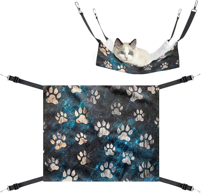 WIRESTER Reversible Cat Hanging Hammock 22.8 x 18.9 Inch, Pet Cage Hammock Bed with Adjustable Straps, Soft Sleeping Hammock for Cat, Ferret, Puppy Dog, Rabbit, Small Animals - Silver Dog Paws