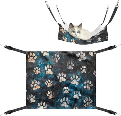WIRESTER Reversible Cat Hanging Hammock 22.8 x 18.9 Inch, Pet Cage Hammock Bed with Adjustable Straps, Soft Sleeping Hammock for Cat, Ferret, Puppy Dog, Rabbit, Small Animals - Silver Dog Paws