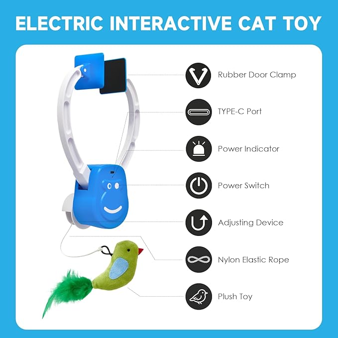 Interactive Cat Toy for Indoor Cats, 360° Auto-Rotating Door Hanging Teaser with Motion Activation, USB-C Rechargeable Quiet Self Play Cat Toy for Bored Indoor Adult Cats and Kittens