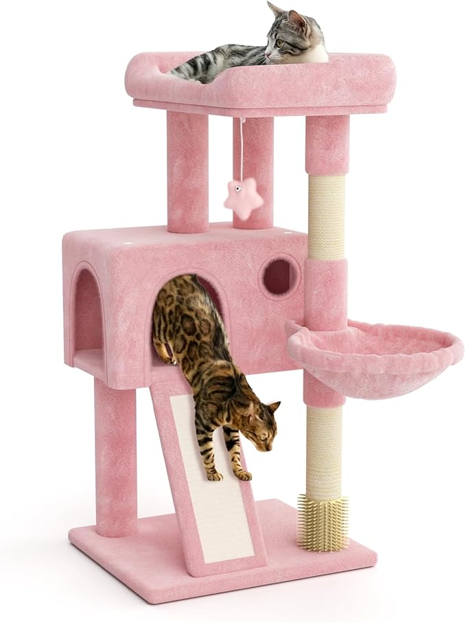 Magshion 36" Cat Tree Tower for Indoor Cats, Compact Multi-Level Cat Condo with Scratching Posts, Top Perch, Side Basket and Dangling Ball, Cat Climbing Tower for Kittens and Elderly Cats, Soft Pink