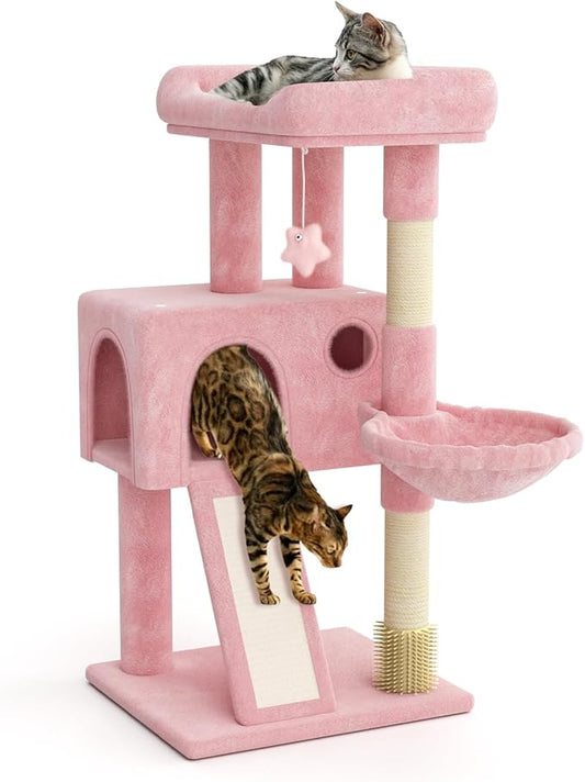 Magshion 36" Cat Tree Tower for Indoor Cats, Compact Multi-Level Cat Condo with Scratching Posts, Top Perch, Side Basket and Dangling Ball, Cat Climbing Tower for Kittens and Elderly Cats, Soft Pink