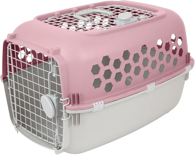 Hard-Sided Pet Carrier for Dogs and Cats | 24-Inch Top-Load Travel Kennel with Double Door Entry | Heavy-Duty Plastic Crate for Vet Visits & House Training, Pink/Gray, Up to 30 lbs Capacity