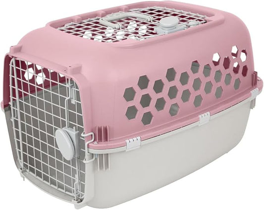 Hard-Sided Pet Carrier for Dogs and Cats | 24-Inch Top-Load Travel Kennel with Double Door Entry | Heavy-Duty Plastic Crate for Vet Visits & House Training, Pink/Gray, Up to 30 lbs Capacity