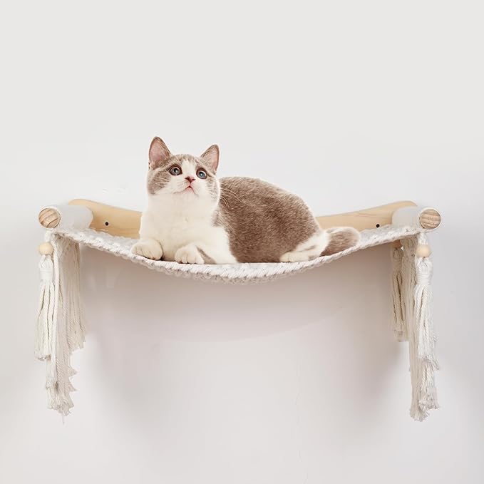 Macrame Cat Wall Shelves & Hammock - Comfy Cat Beds with Window Perch for Indoor Fun, Sleeping & Climbing,Maximum Hold Up to 30lb (Beige White - Cotton Rope)