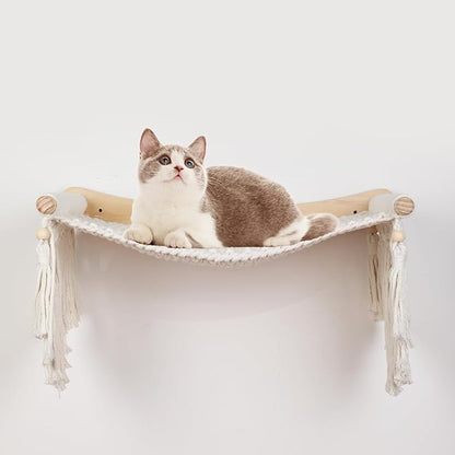 Macrame Cat Wall Shelves & Hammock - Comfy Cat Beds with Window Perch for Indoor Fun, Sleeping & Climbing,Maximum Hold Up to 30lb (Beige White - Cotton Rope)
