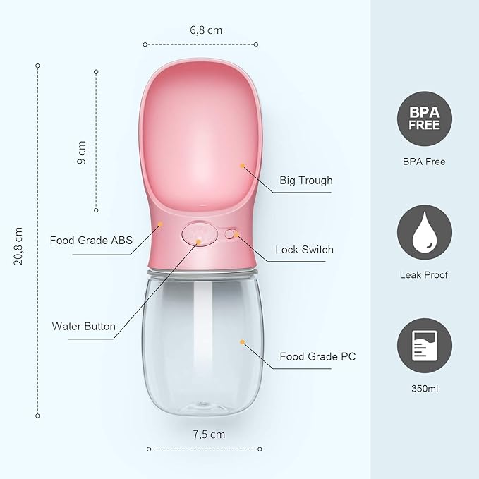 DEYACE Dog Water Bottle, Leak Proof Portable Pet Water Bottles for Dogs, Puppy Water Dispenser with Drinking Feeder for Travel (Pink 12oz)