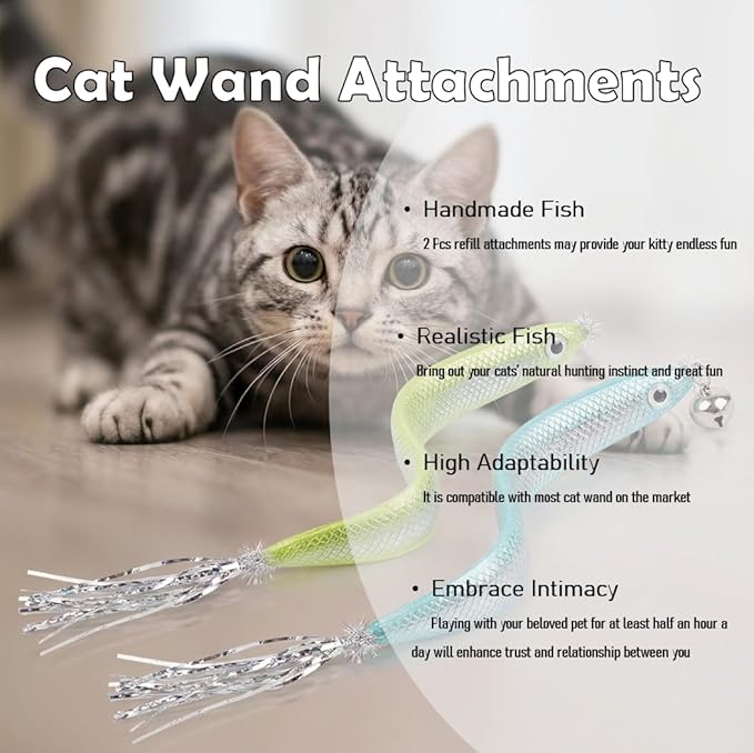 Cat Wand Attachment Toys - 2 Pcs Handmade Natural Fish Refills - Interactive Cat Toy Wand Refills - Kitten Teaser Wand Attachments - Cat Toys for Indoor Cats Play