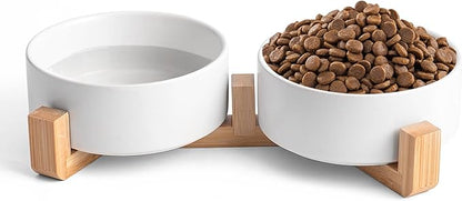 White Ceramic Dog & Cat Bowl Set – 13.5 OZ with Wooden Stand, Non-Slip, Elevated Design for Small Dogs & Cats – 2 Bowls (Food & Water, Ceramic Pet Bowls, Modern Dog Bowls)