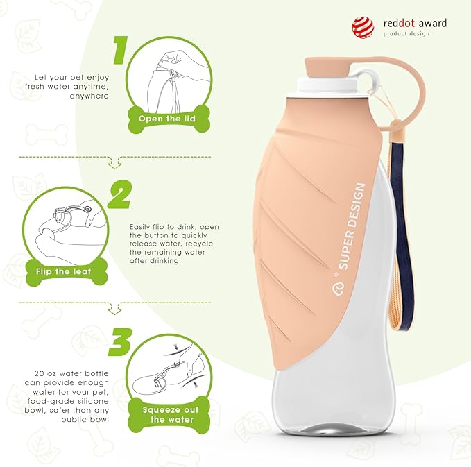 SUPERDESIGN Dog Water Bottle, Portable Dog Water Bottle for Small to Large Dogs, Leak Proof Dog Travel Water Bottle, Small Leaf Travel Water Bowl for Dogs and Dog Walking Accessories (19.6OZ, Pink)