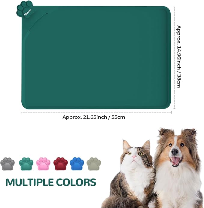 Waterproof Pet Feeding Mats with High Lips - Multiple Size and Colors, Silicone Mat, Nonslip Pet Food Mat for Dogs, Cats with Prevent Water goes Down (Green)