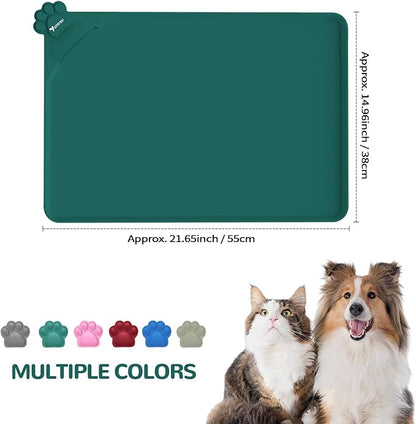 Waterproof Pet Feeding Mats with High Lips - Multiple Size and Colors, Silicone Mat, Nonslip Pet Food Mat for Dogs, Cats with Prevent Water goes Down (Green)