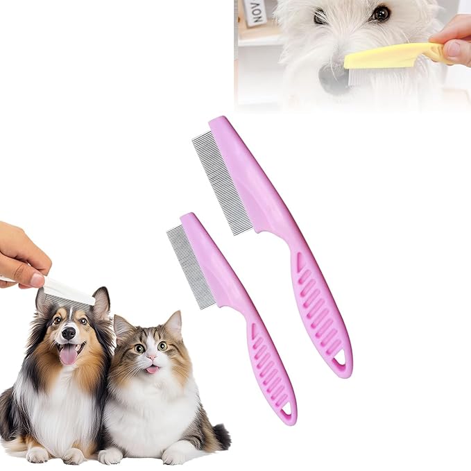 Multifunctional Pet Comb,2PCS New Pet Hair Removal Flea Comb for Dogs Cats,Grooming Brush Fine Magic Knot Remover,Fine-Tooth Stainless Cleaning Massage Brush for Puppies (Pink)