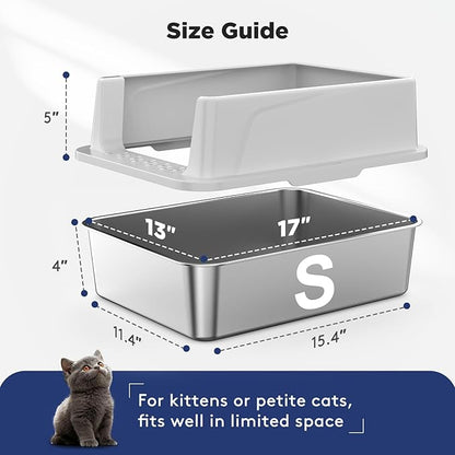 FURTIME 2 Pack Stainless Steel Cat Litter Box with Lid, Metal Kitty Litter Box for Small Cats, Kitten Litter Boxs with Non-Sticky, Anti-Leakage, Easy to Clean, 17"x13"x8.4" (Small)