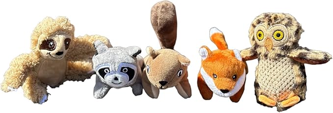 Glow Pups Wooded Animal Dog Toys, Multi Pack Dog Toy Hide and Seek Tree Toy. (5 Pack - Squirrel, Fox, Sloth, Raccoon, Owl, Replacement Animals)