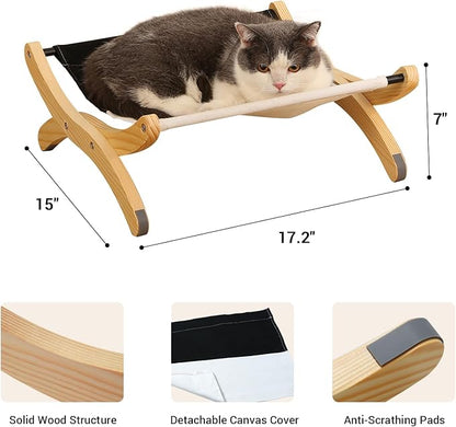 Cat Bed for Indoor Cats, Solid Wood Raised Pet Hammock with Washable Canvas Cover, Adjustable Cat Sleeping Perch Holding 40 lb