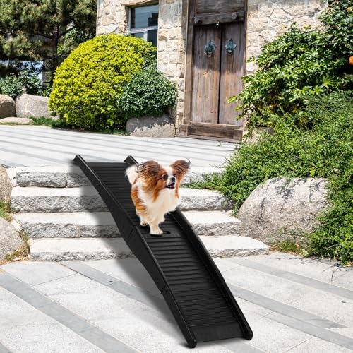 60 inch Folding Dog Ramp for Car, Tri-Fold 60" Long Folding Portable Pet Stair Ramp with Non-Slip Rug Surface, Extra Wide Dog Steps for Medium & Large Dogs Up to Enter a Car, SUV & Truck by Volowoo