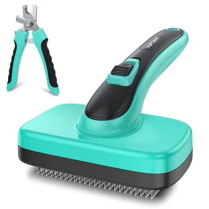2 Pcs Self Cleaning Slicker Brush & Nail Clippers for Dog and Cats,Shedding Long and Short Haired Pets,Skin Friendly Deshedding Grooming Tool
