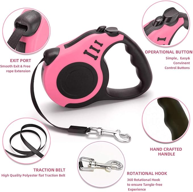 Retractable Dog Leash for Medium - Small Dogs and Cats - 16.5FT Tangle Free, Heavy Duty Walking Leash with Anti Slip Handle, Pause and Lock Strong Nylon Tape